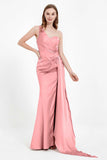 One Shoulder Satin Pleated Formal Evening Dress Sheath Prom Party Gowns
