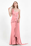 One Shoulder Satin Pleated Formal Evening Dress Sheath Prom Party Gowns