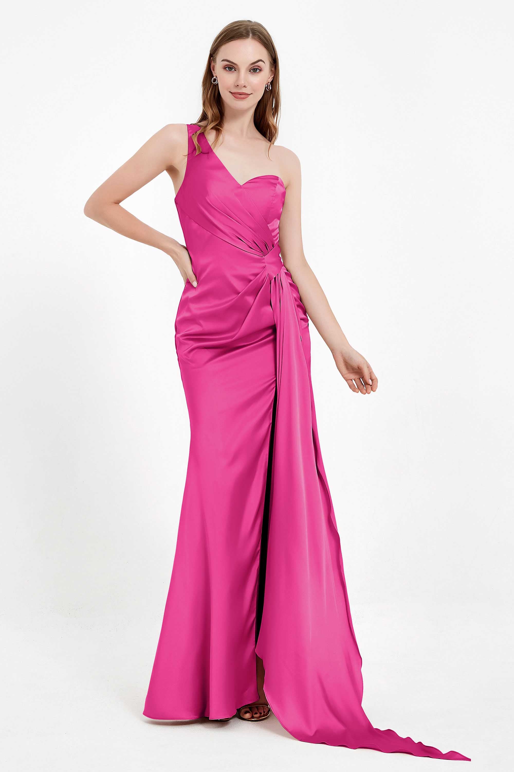 One Shoulder Satin Pleated Formal Evening Dress Sheath Prom Party Gowns