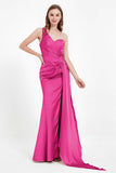 One Shoulder Satin Pleated Formal Evening Dress Sheath Prom Party Gowns