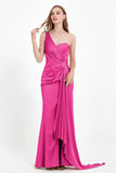 One Shoulder Satin Pleated Formal Evening Dress Sheath Prom Party Gowns