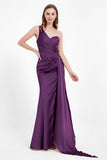 One Shoulder Satin Pleated Formal Evening Dress Sheath Prom Party Gowns