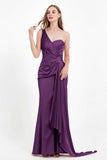 One Shoulder Satin Pleated Formal Evening Dress Sheath Prom Party Gowns
