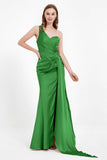 One Shoulder Satin Pleated Formal Evening Dress Sheath Prom Party Gowns