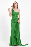 One Shoulder Satin Pleated Formal Evening Dress Sheath Prom Party Gowns
