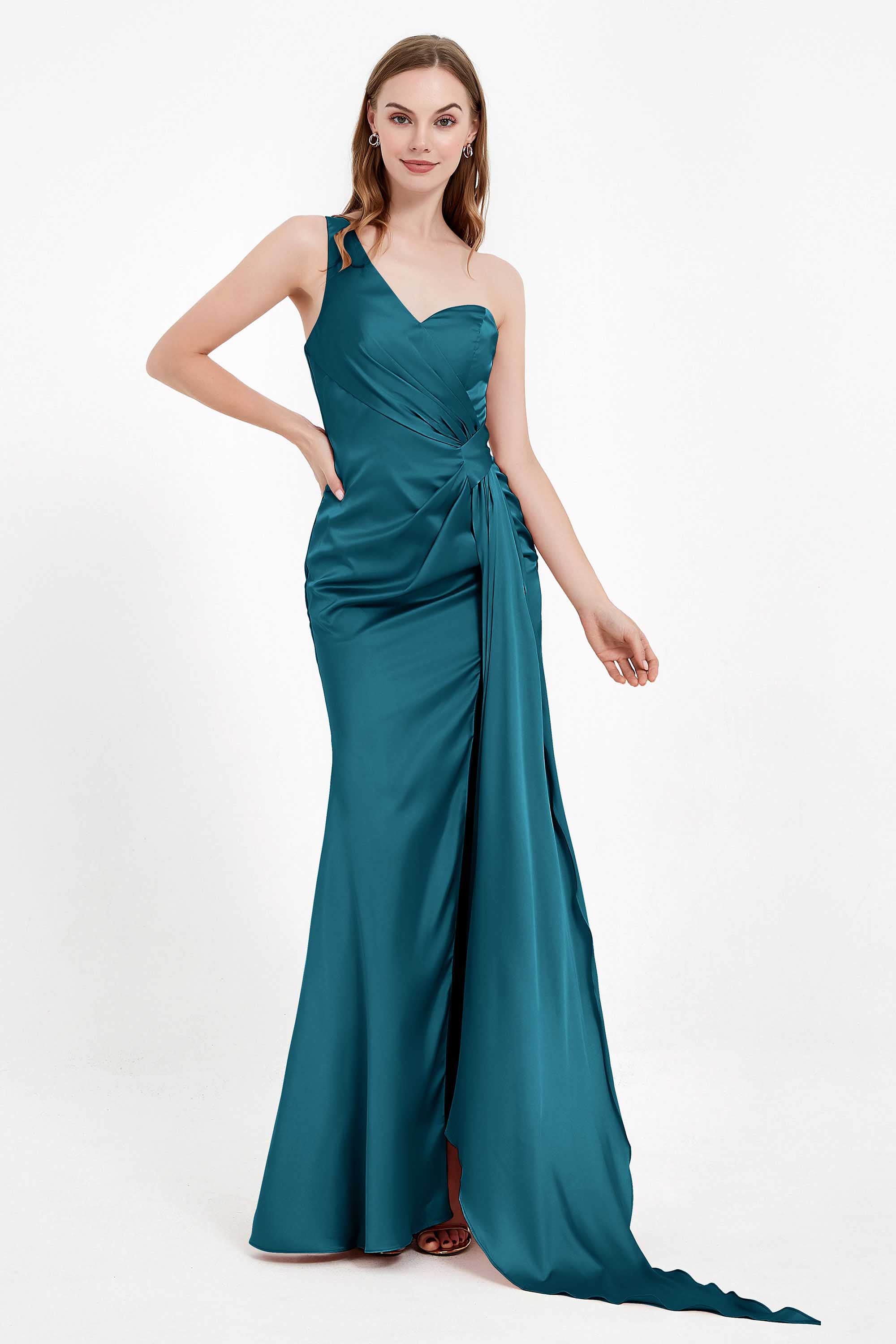 One Shoulder Satin Pleated Formal Evening Dress Sheath Prom Party Gowns