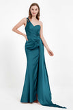 One Shoulder Satin Pleated Formal Evening Dress Sheath Prom Party Gowns