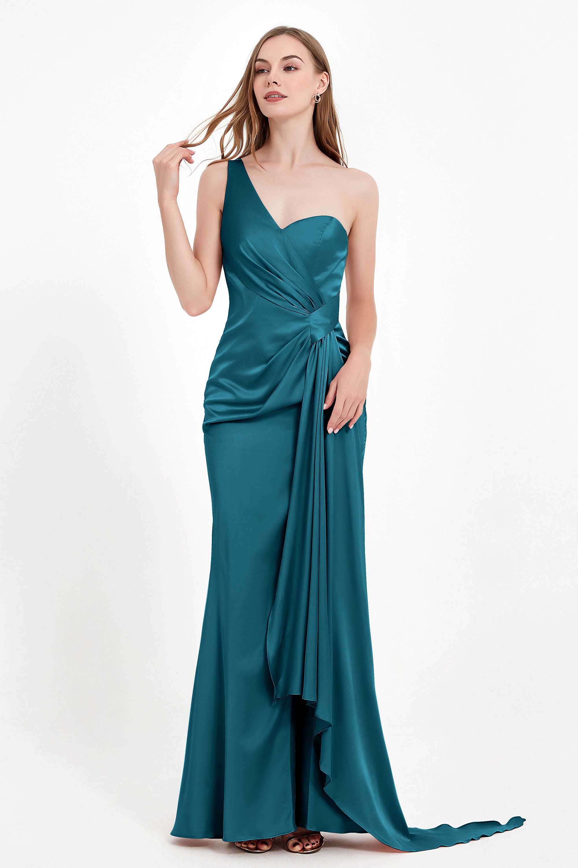 One Shoulder Satin Pleated Formal Evening Dress Sheath Prom Party Gowns