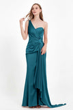 One Shoulder Satin Pleated Formal Evening Dress Sheath Prom Party Gowns