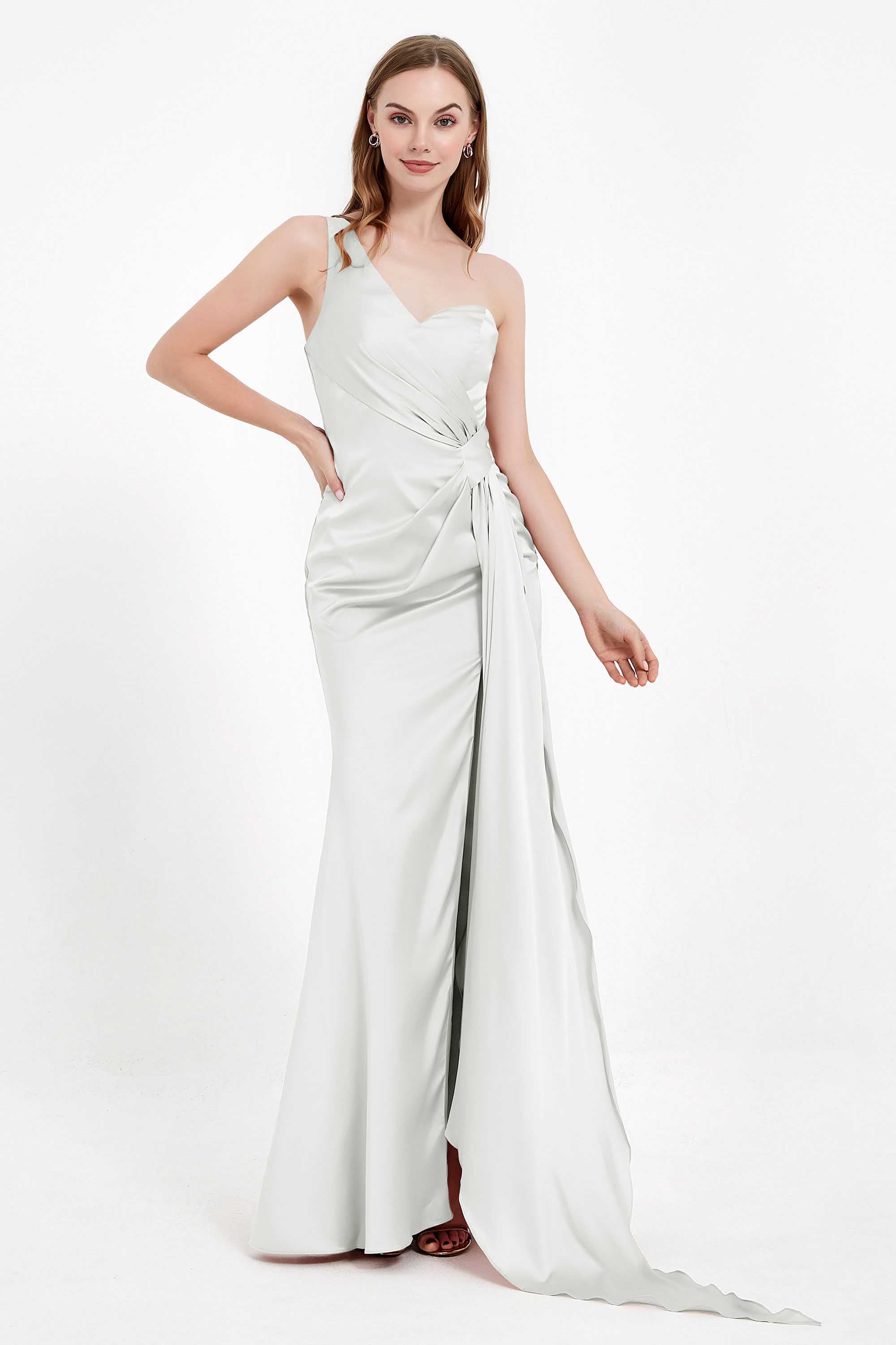 One Shoulder Satin Pleated Formal Evening Dress Sheath Prom Party Gowns