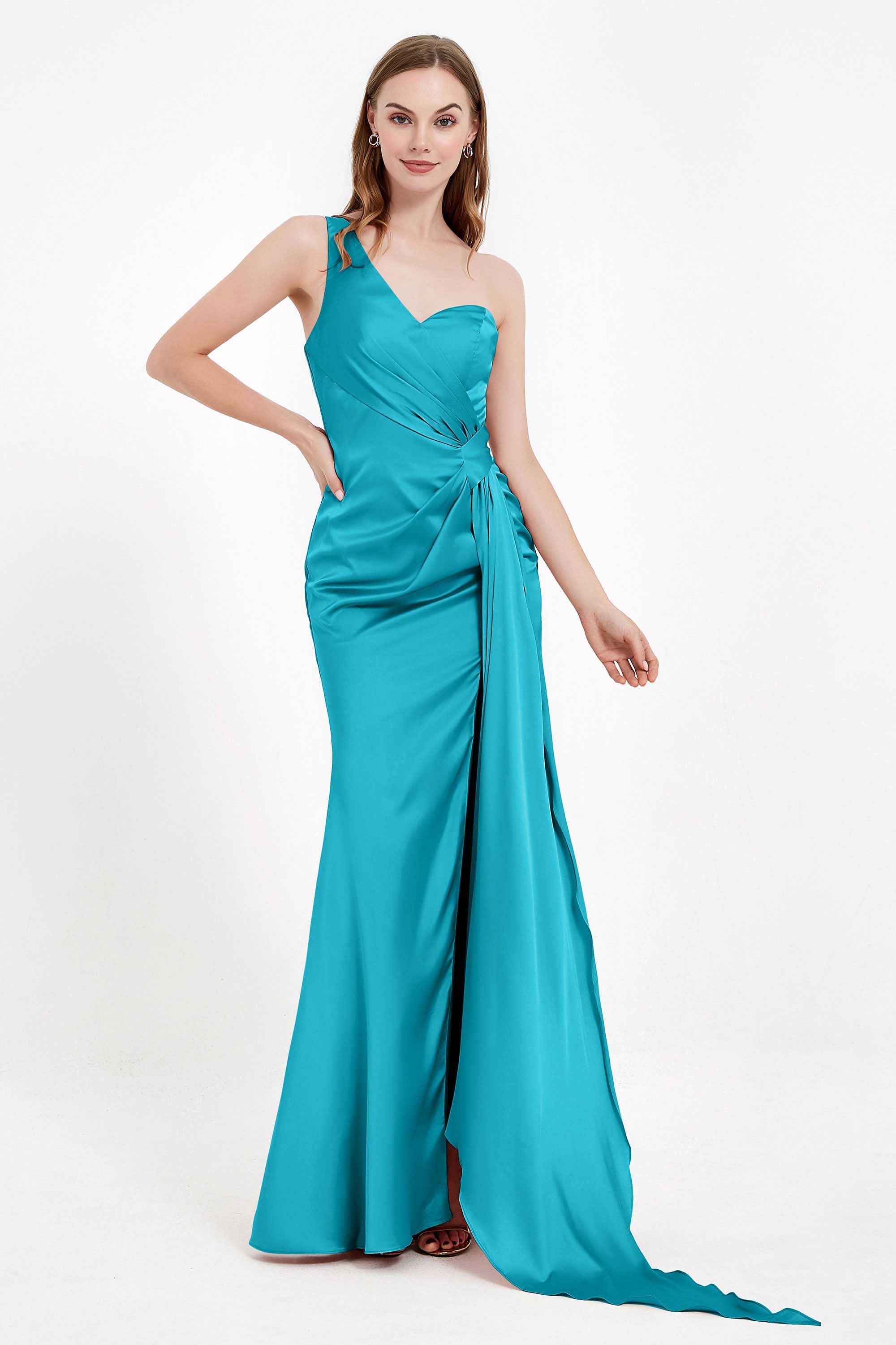 One Shoulder Satin Pleated Formal Evening Dress Sheath Prom Party Gowns