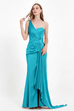 One Shoulder Satin Pleated Formal Evening Dress Sheath Prom Party Gowns