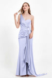 One Shoulder Satin Pleated Formal Evening Dress Sheath Prom Party Gowns