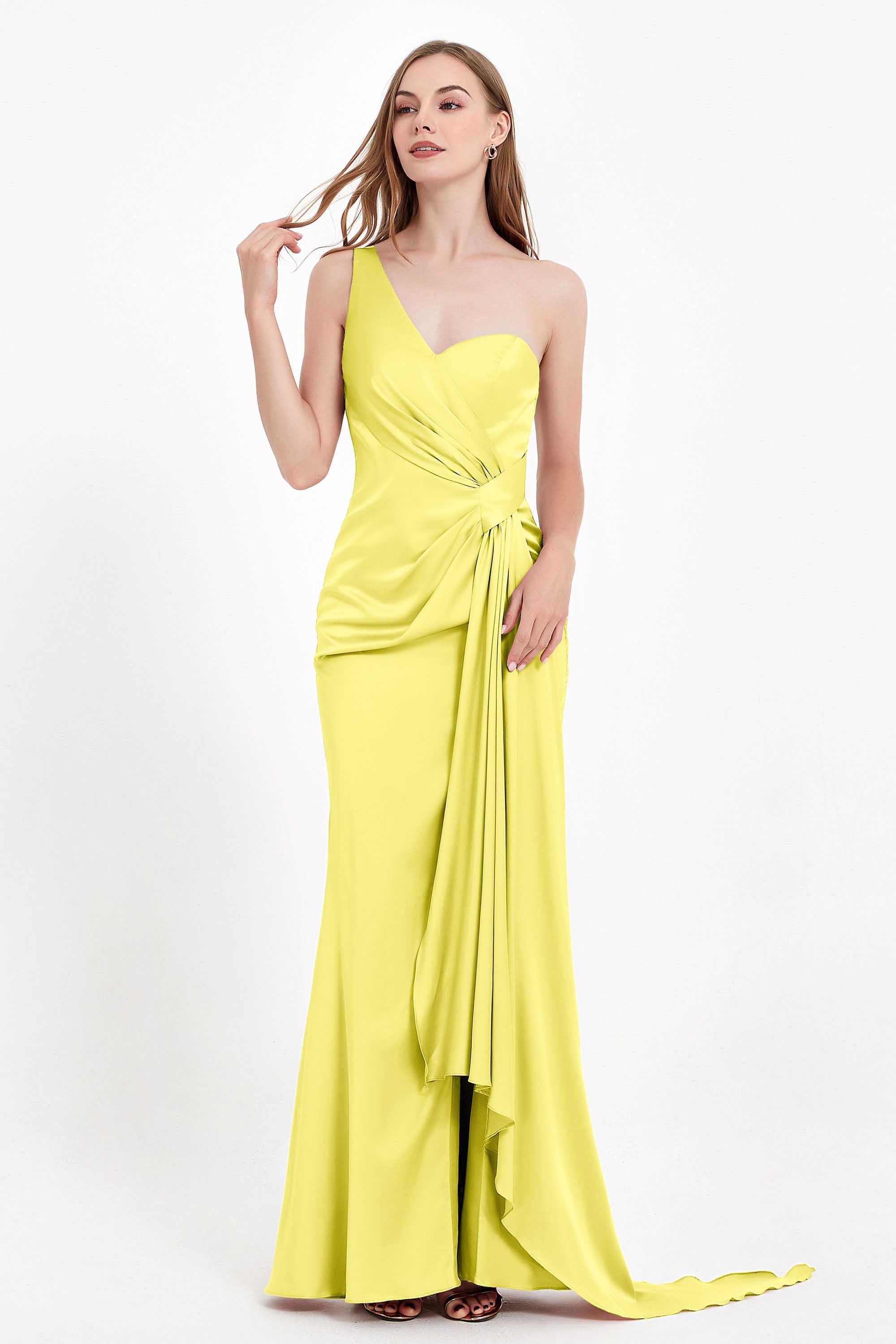 One Shoulder Satin Pleated Formal Evening Dress Sheath Prom Party Gowns