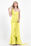 One Shoulder Satin Pleated Formal Evening Dress Sheath Prom Party Gowns