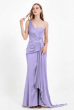 One Shoulder Satin Pleated Formal Evening Dress Sheath Prom Party Gowns
