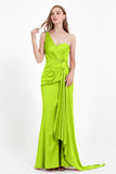One Shoulder Satin Pleated Formal Evening Dress Sheath Prom Party Gowns