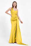 One Shoulder Satin Pleated Formal Evening Dress Sheath Prom Party Gowns