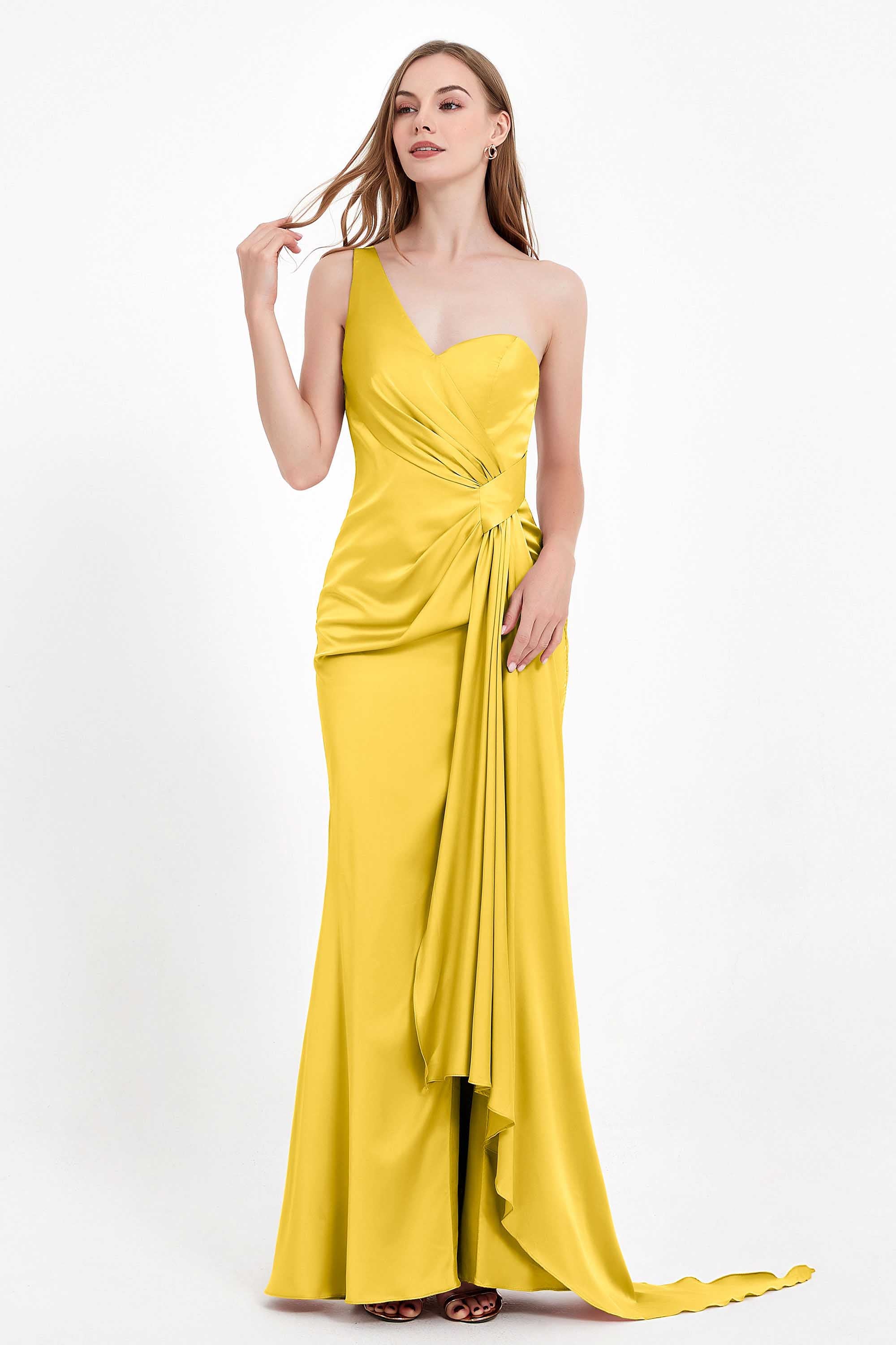 One Shoulder Satin Pleated Formal Evening Dress Sheath Prom Party Gowns