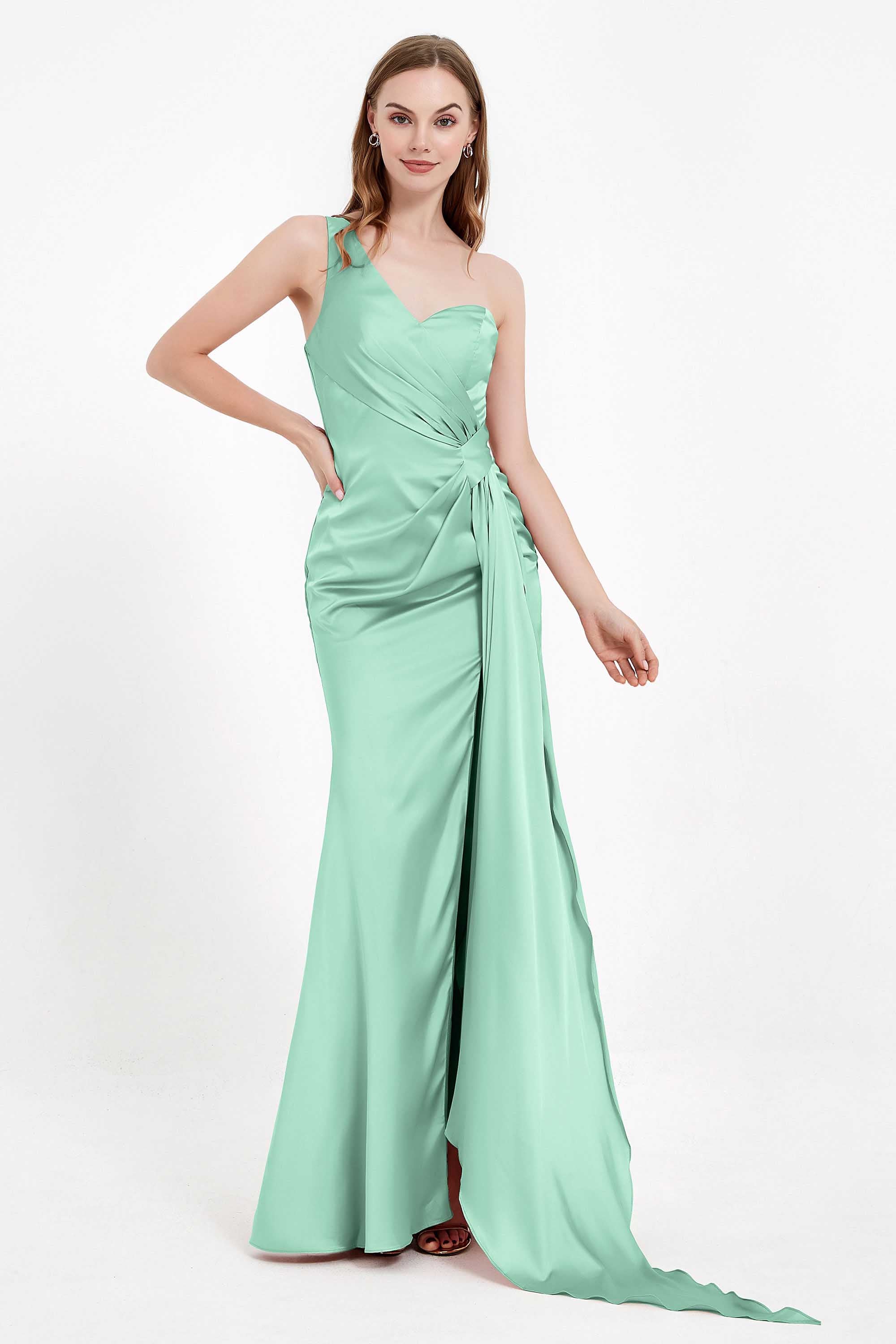 One Shoulder Satin Pleated Formal Evening Dress Sheath Prom Party Gowns