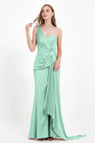 One Shoulder Satin Pleated Formal Evening Dress Sheath Prom Party Gowns
