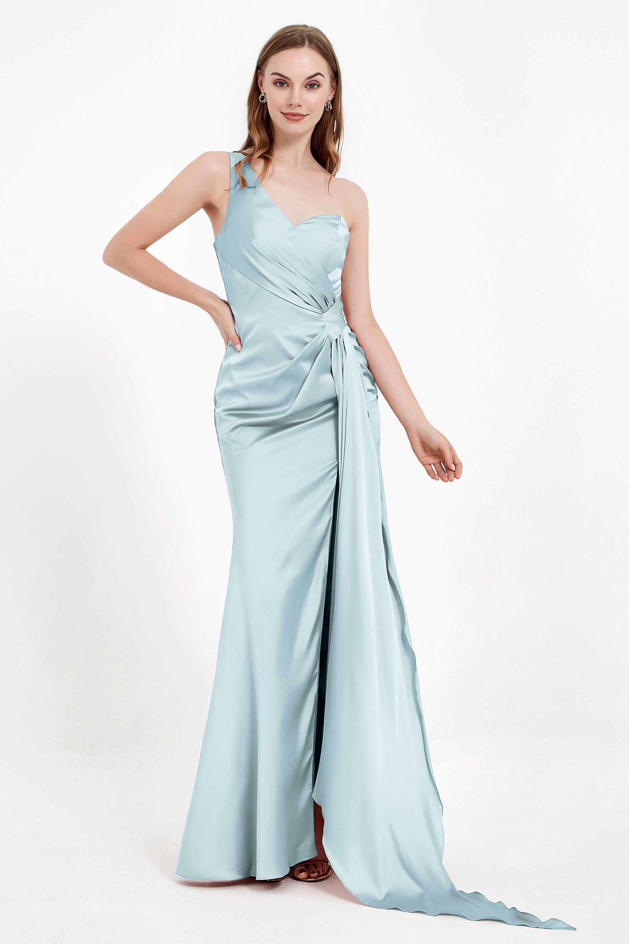 One Shoulder Satin Pleated Formal Evening Dress Sheath Prom Party Gowns