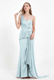 One Shoulder Satin Pleated Formal Evening Dress Sheath Prom Party Gowns