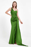 One Shoulder Satin Pleated Formal Evening Dress Sheath Prom Party Gowns