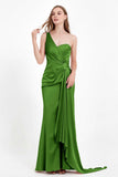 One Shoulder Satin Pleated Formal Evening Dress Sheath Prom Party Gowns