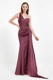 One Shoulder Satin Pleated Formal Evening Dress Sheath Prom Party Gowns