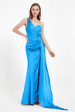 One Shoulder Satin Pleated Formal Evening Dress Sheath Prom Party Gowns