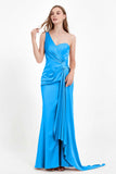 One Shoulder Satin Pleated Formal Evening Dress Sheath Prom Party Gowns