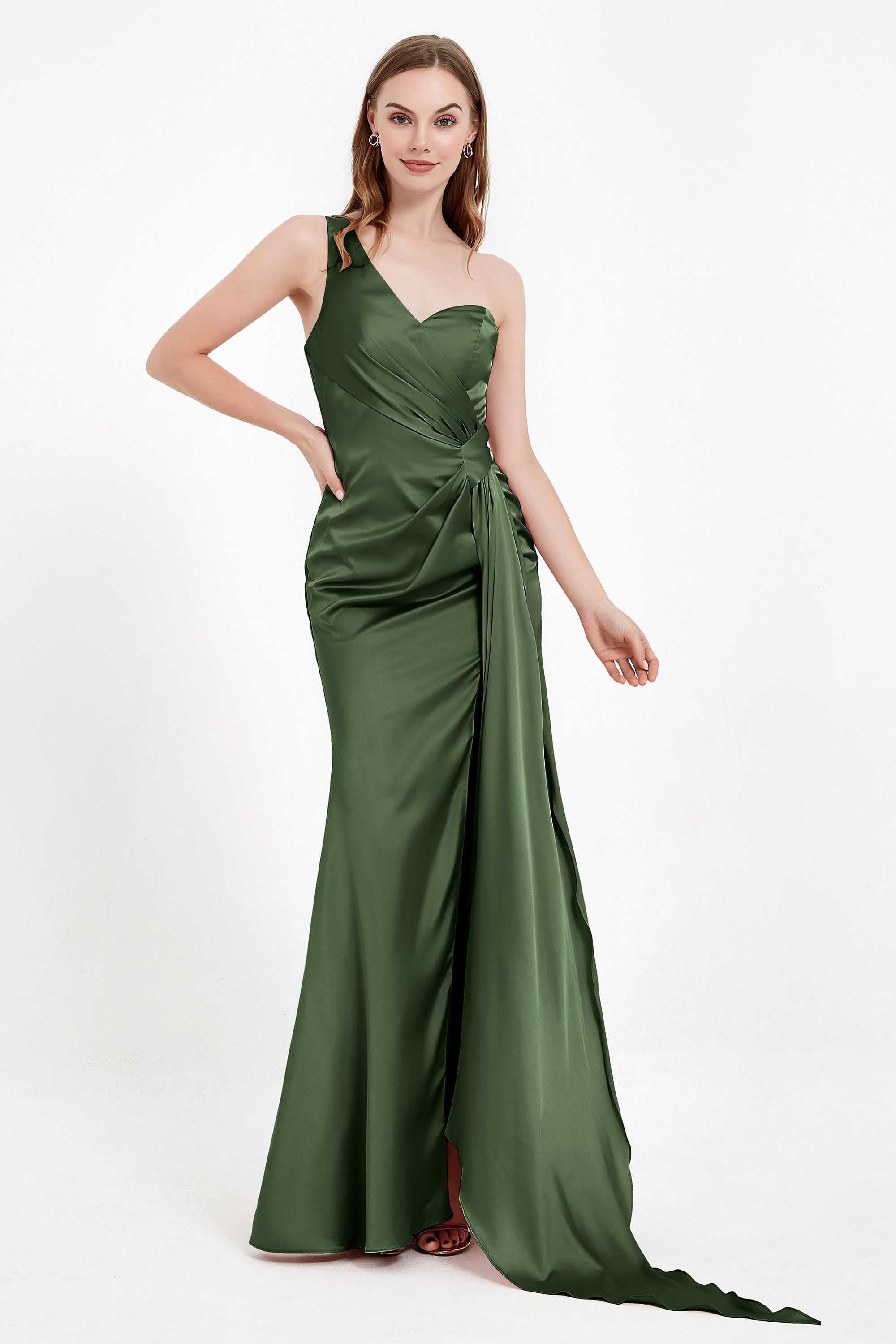 One Shoulder Satin Pleated Formal Evening Dress Sheath Prom Party Gowns