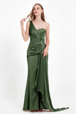 One Shoulder Satin Pleated Formal Evening Dress Sheath Prom Party Gowns