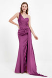 One Shoulder Satin Pleated Formal Evening Dress Sheath Prom Party Gowns