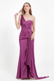 One Shoulder Satin Pleated Formal Evening Dress Sheath Prom Party Gowns