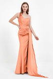 One Shoulder Satin Pleated Formal Evening Dress Sheath Prom Party Gowns