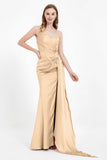 One Shoulder Satin Pleated Formal Evening Dress Sheath Prom Party Gowns