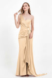 One Shoulder Satin Pleated Formal Evening Dress Sheath Prom Party Gowns