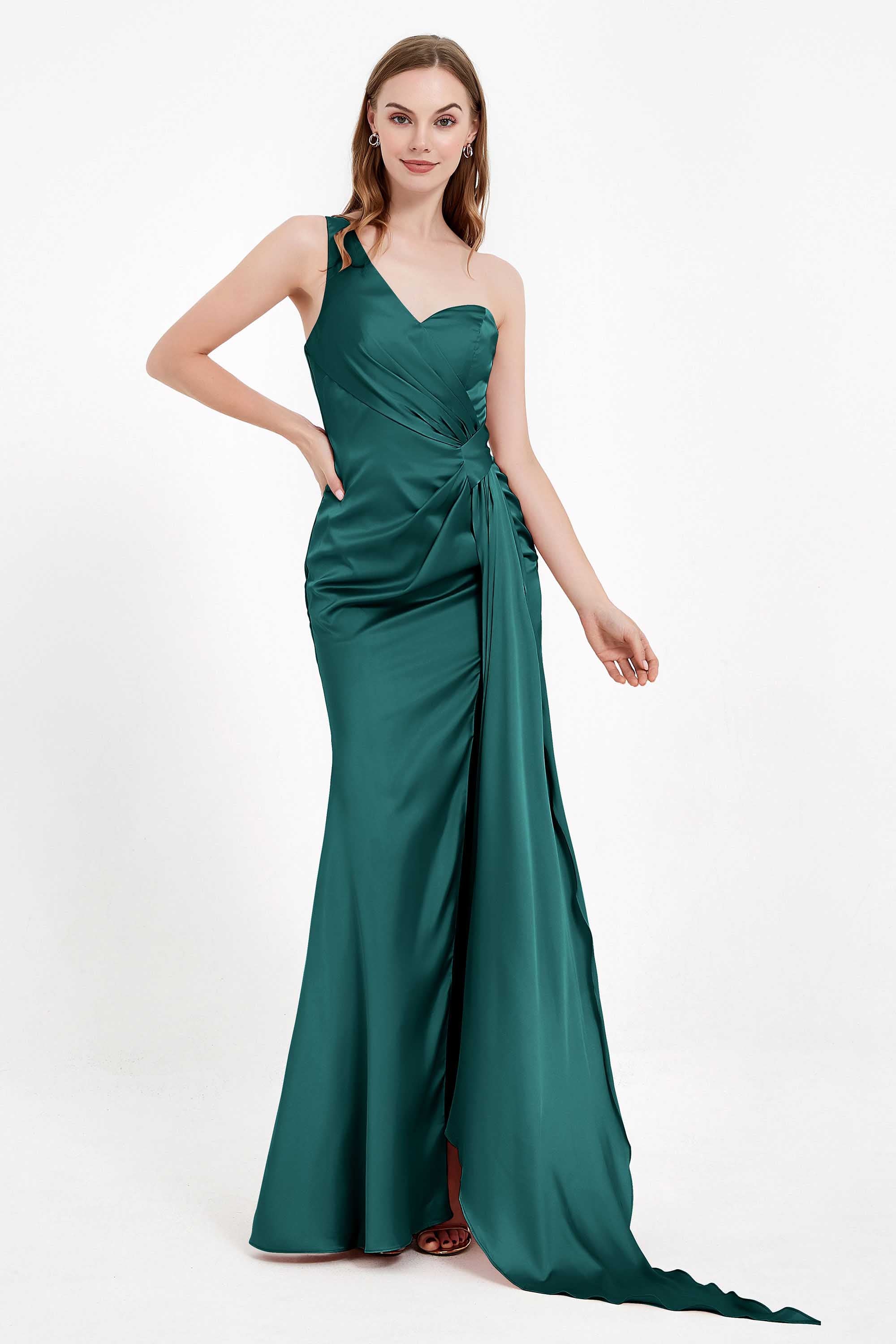 One Shoulder Satin Pleated Formal Evening Dress Sheath Prom Party Gowns