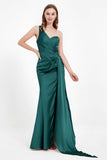 One Shoulder Satin Pleated Formal Evening Dress Sheath Prom Party Gowns