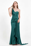 One Shoulder Satin Pleated Formal Evening Dress Sheath Prom Party Gowns