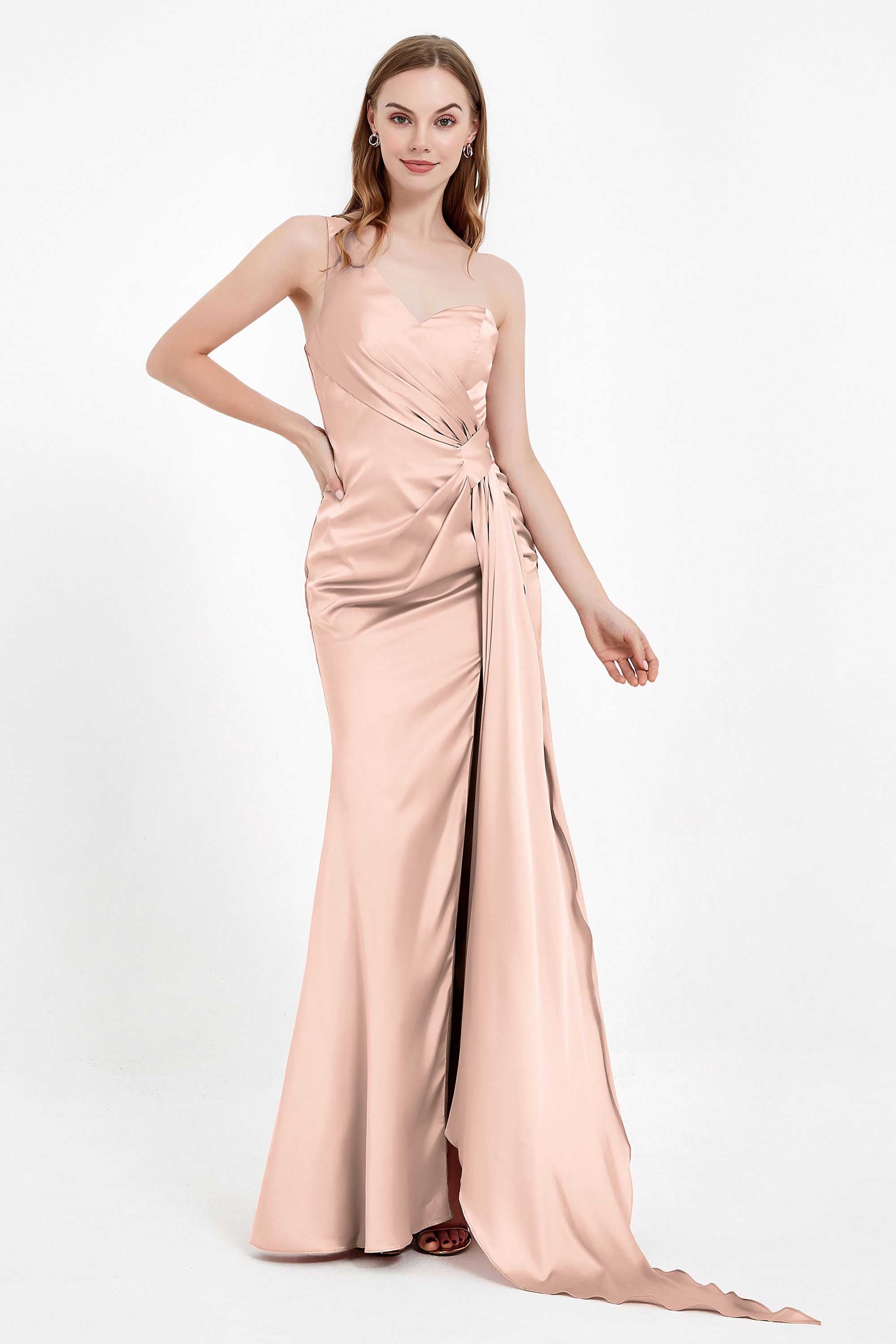 One Shoulder Satin Pleated Formal Evening Dress Sheath Prom Party Gowns