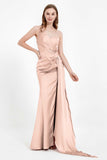 One Shoulder Satin Pleated Formal Evening Dress Sheath Prom Party Gowns
