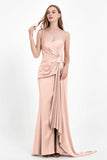 One Shoulder Satin Pleated Formal Evening Dress Sheath Prom Party Gowns