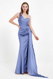 One Shoulder Satin Pleated Formal Evening Dress Sheath Prom Party Gowns