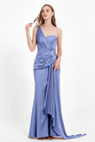 One Shoulder Satin Pleated Formal Evening Dress Sheath Prom Party Gowns