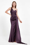 One Shoulder Satin Pleated Formal Evening Dress Sheath Prom Party Gowns