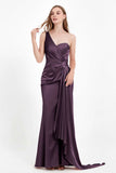 One Shoulder Satin Pleated Formal Evening Dress Sheath Prom Party Gowns