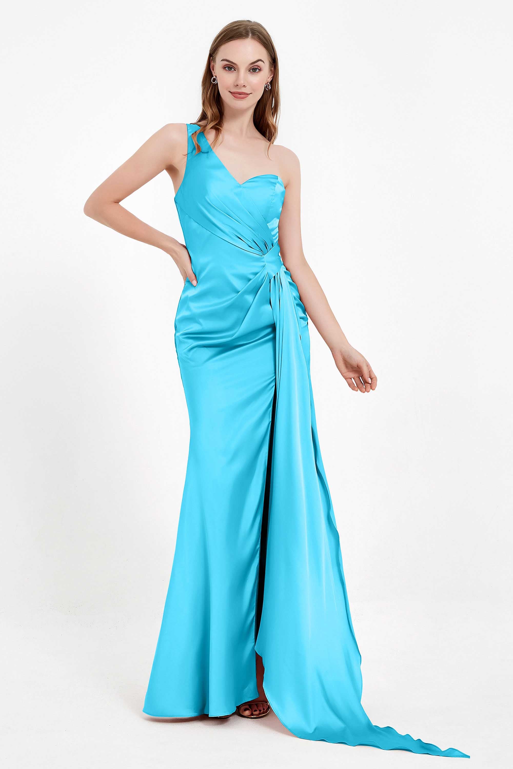 One Shoulder Satin Pleated Formal Evening Dress Sheath Prom Party Gowns